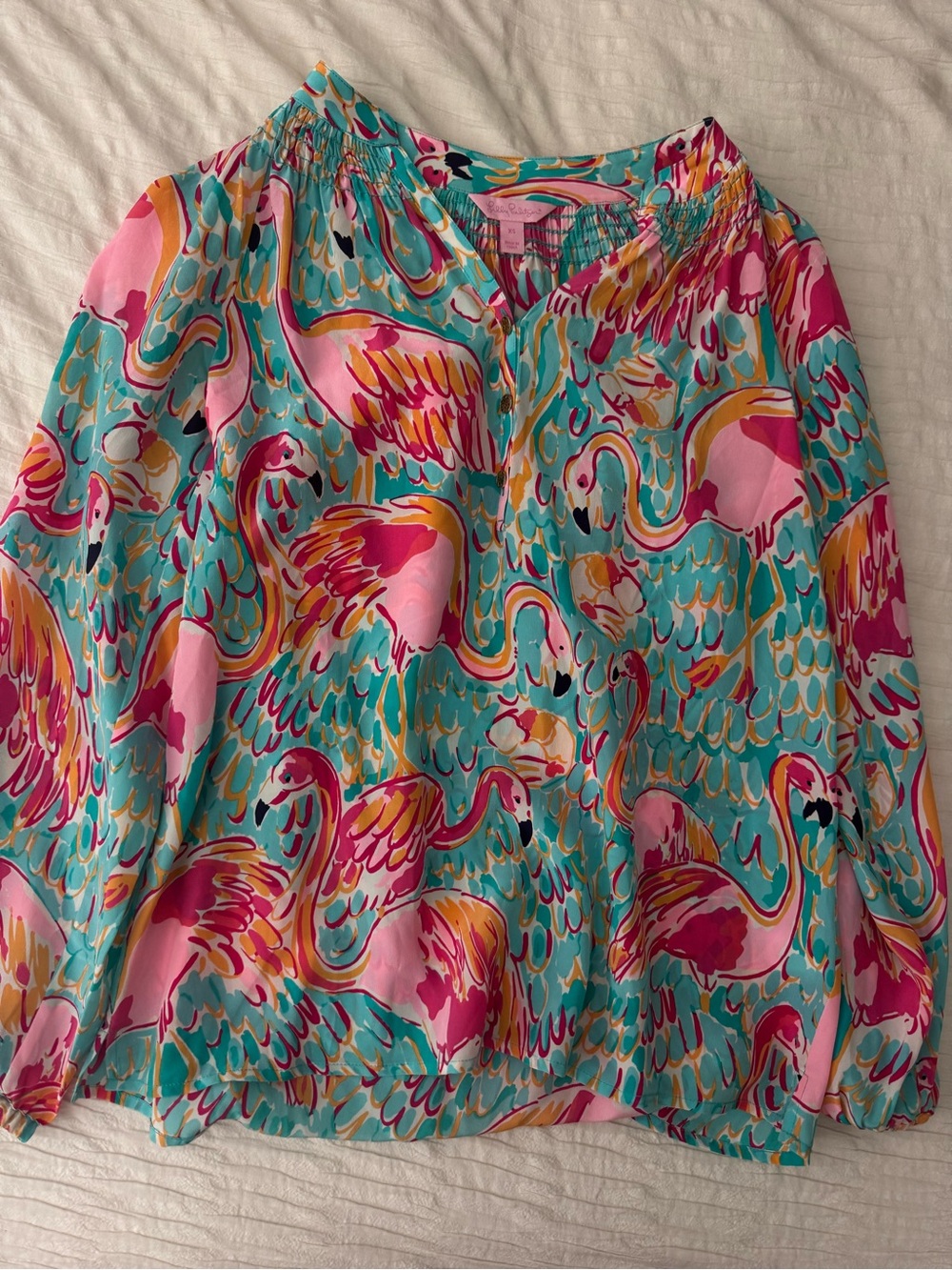 Lilly Pulitzer Turquoise Elsa Top with Pink & Yellow Flamingo Print